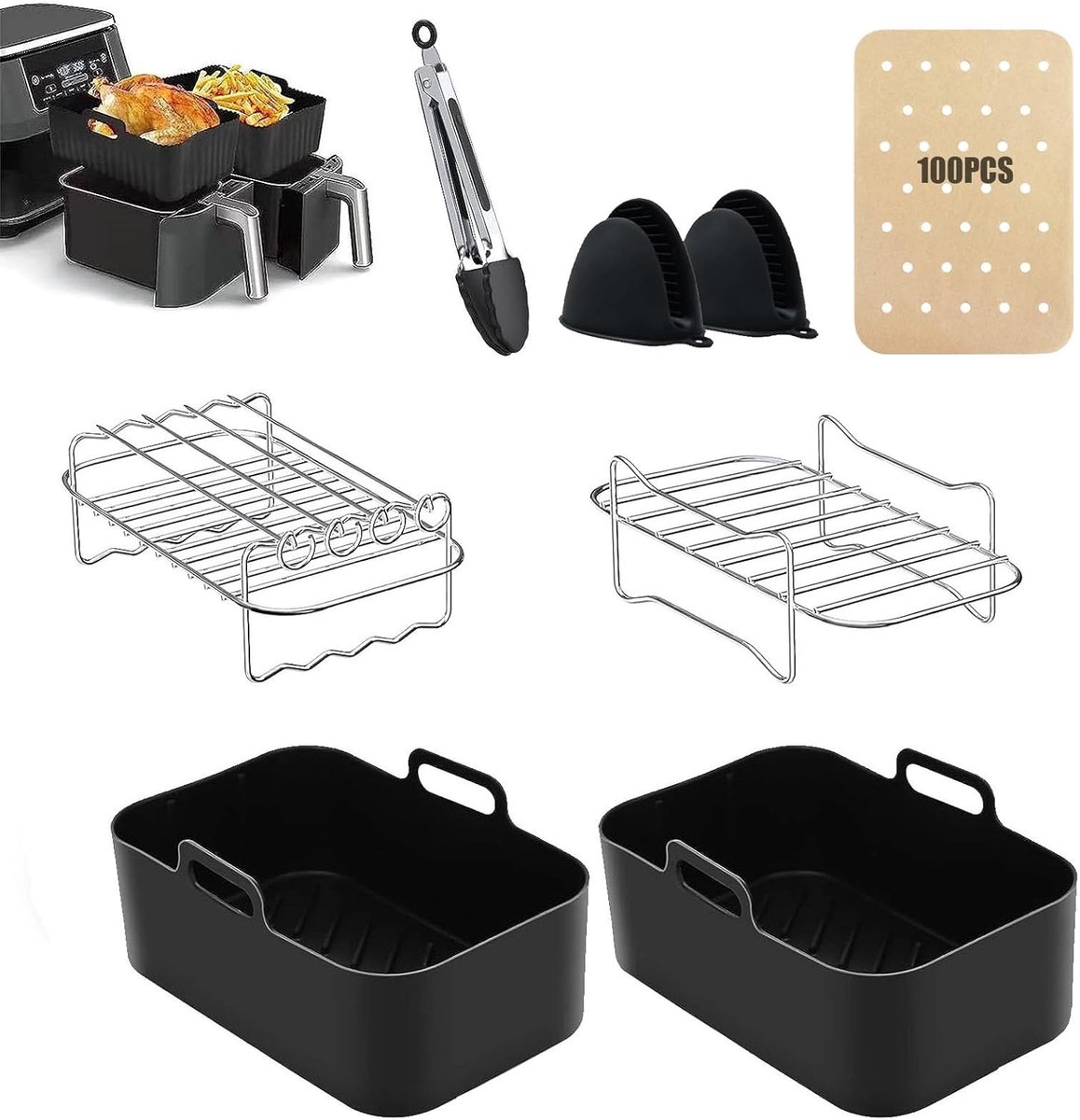 SnelShoppen Air Fryer Accessoires Set van 8 voor Dubbele Airfryers Racks Siliconen Handschoenen Liner Voedselclip Geschikt voor 7.6L-9.6L Keuk