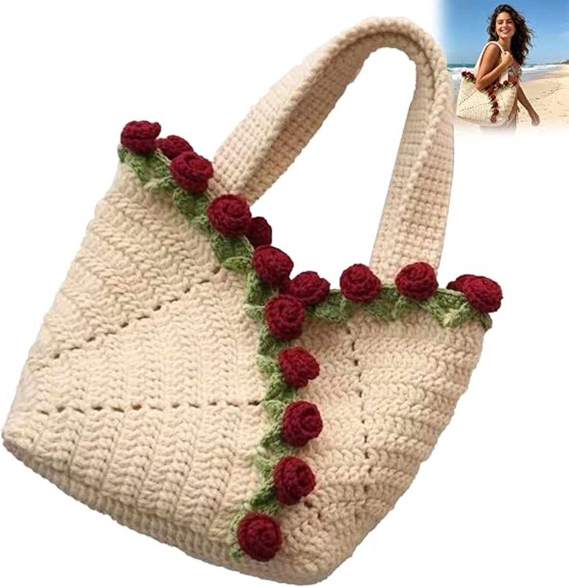 Roosvormige tas - Boekettas - Gehaakt Schoudertas - Handgemaakte Boho Rozen Handtas - Met 3D Rozenapplicatie - Geschikt voor Strand, Reizen en Dagelijks Gebruik - Zacht en Lichtgewicht - Uniek Accessoire
