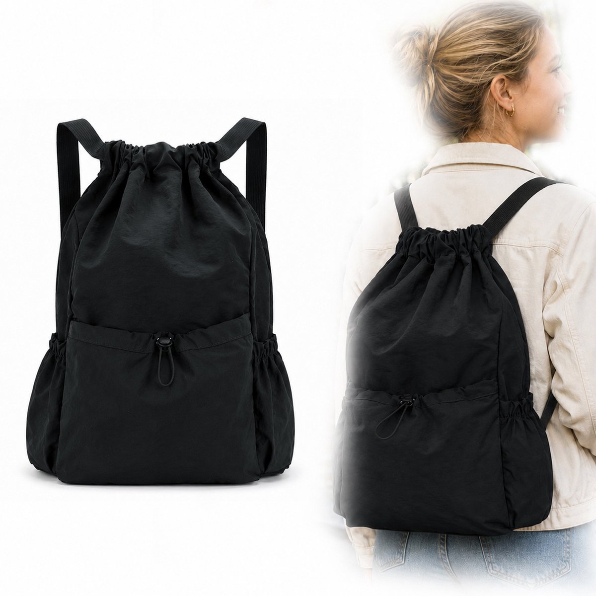 Ulisem - Gymtas met Trekkoord – Opvouwbare Rugzak 20L – Lichtgewicht Cinch Bag – Waterafstotende Sporttas – Dagrugzak voor Reizen, Winkelen, Fitness & Outdoor – Zwart