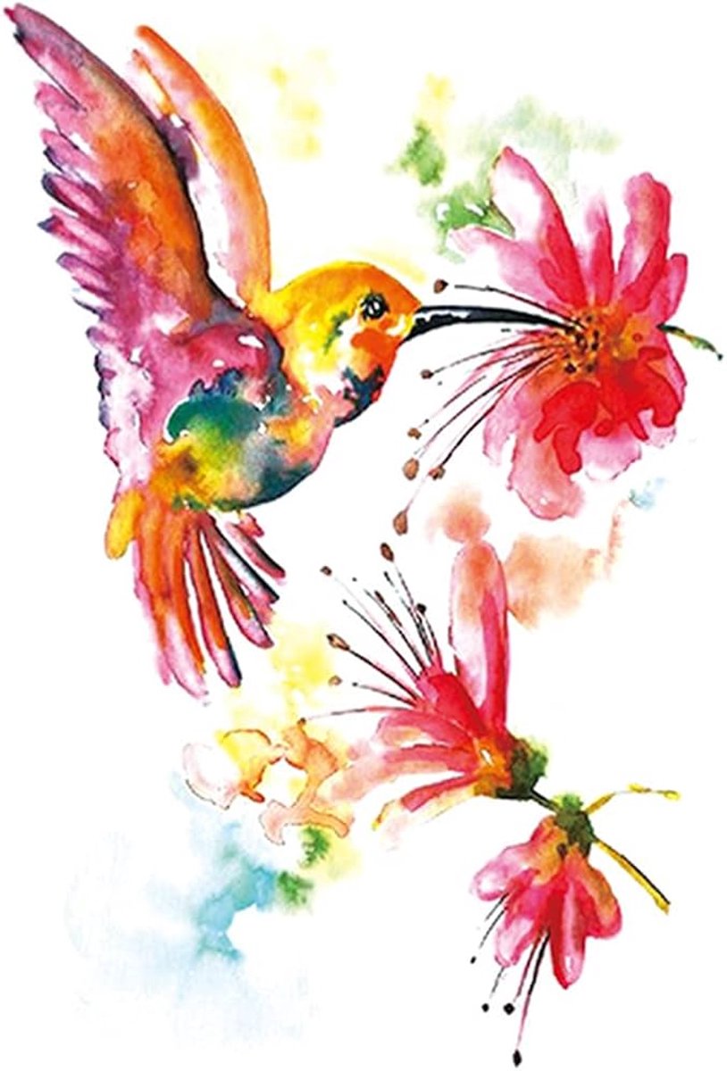 Temporary Tattoo Vogel met Bloem Waterverf (A5 formaat) [Neptattoo - Tijdelijke tatoeage - Nep Fake Tattoos - Water overdraagbare festival sticker henna outfit tattoo - Glitter tattoo - Volwassenen Kinderen Jongen Meisje]