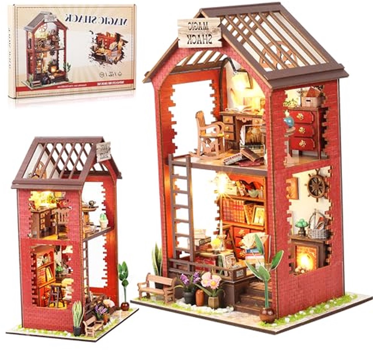Houten Boek Nook - Miniatuur Poppenhuis - Hobby Decoratie - Met LED Verlichting - 17 x 132 x 26 cm
