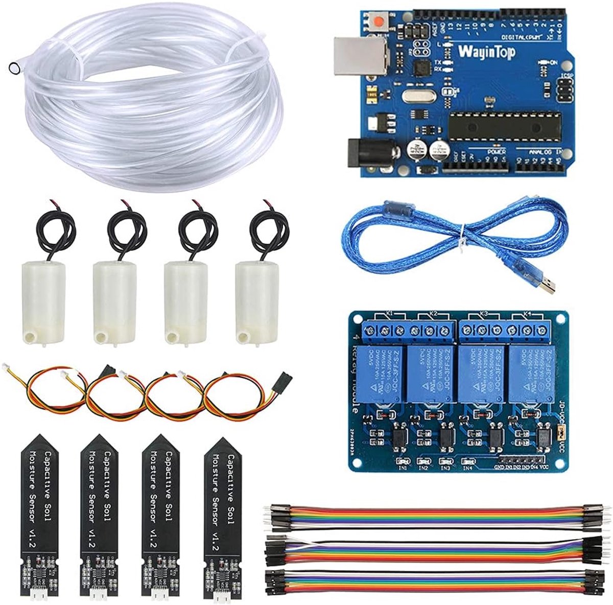 SnelShoppen - Automatisch Irrigatie Systeem Tuin DIY Kit met Ontwikkelbord, USB Kabel, 4-Kanaals 5V Relay, 4 Stuks Bodemvocht Sensoren, 4 Mini Waterpo