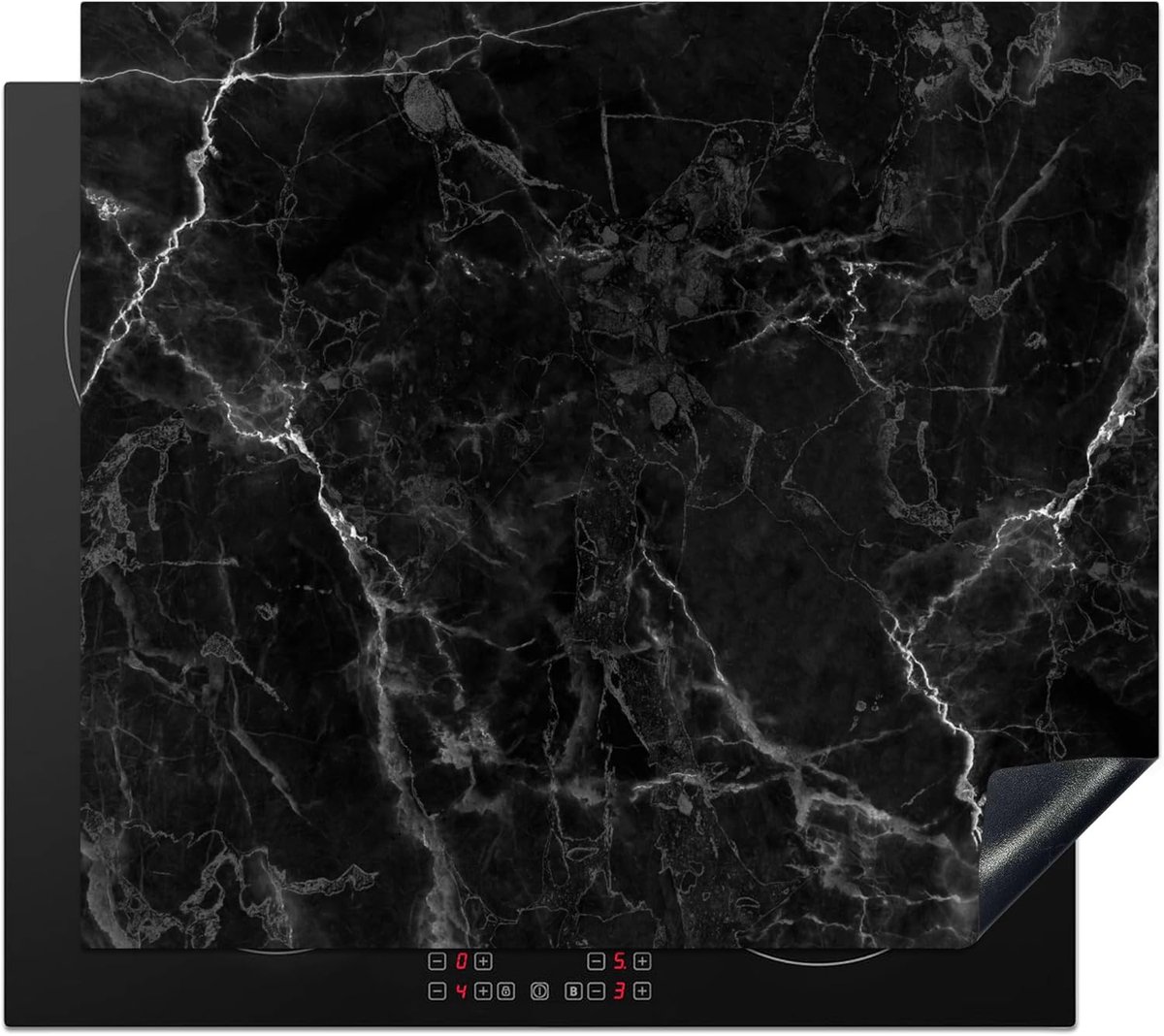 SnelShoppen - Inductiebeschermer 59x52cm Keuken Decoratie Kookplaat Bescherming Antislipmat - Marmer - Zwart - Wit - Textuur - Marmerlook