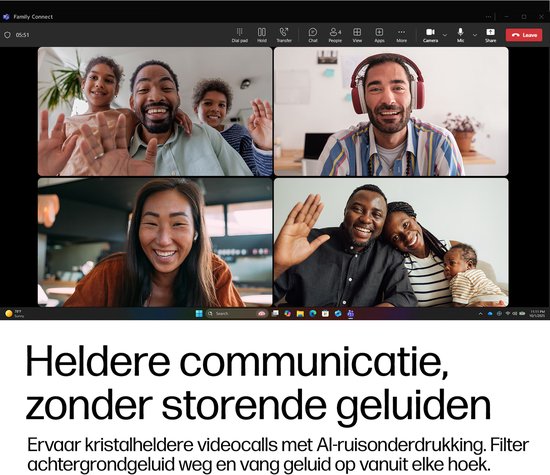 Schermopname van een videogesprek met vier groepen mensen die vrolijk communiceren.