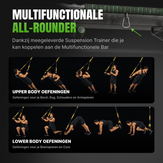 Man demonstreert upper- en lower body oefeningen met suspension trainer aan optrekstang.