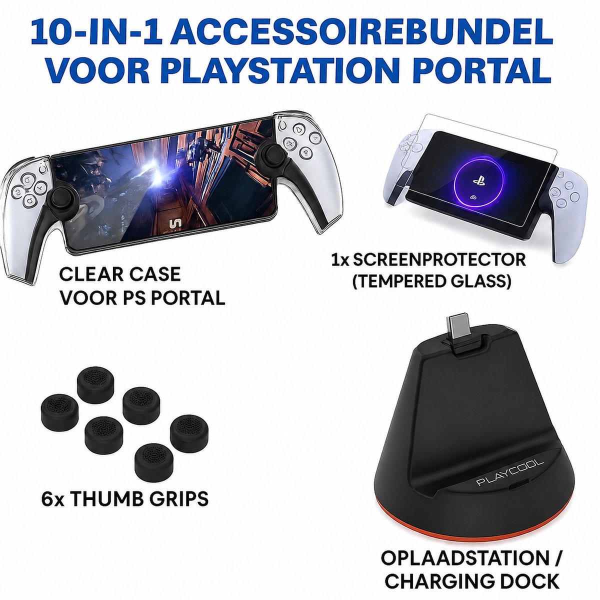 PlayCool 10-in-1 Accessoireset voor PlayStation Portal – Clear Case, Screenprotector, Charging Dock & Thumb Grips