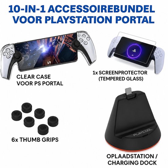 10-in-1 accessoiresbundel voor PlayStation Portal, inclusief een doorzichtige case, screenprotector, oplaadstation en 6 duimgrepen.
