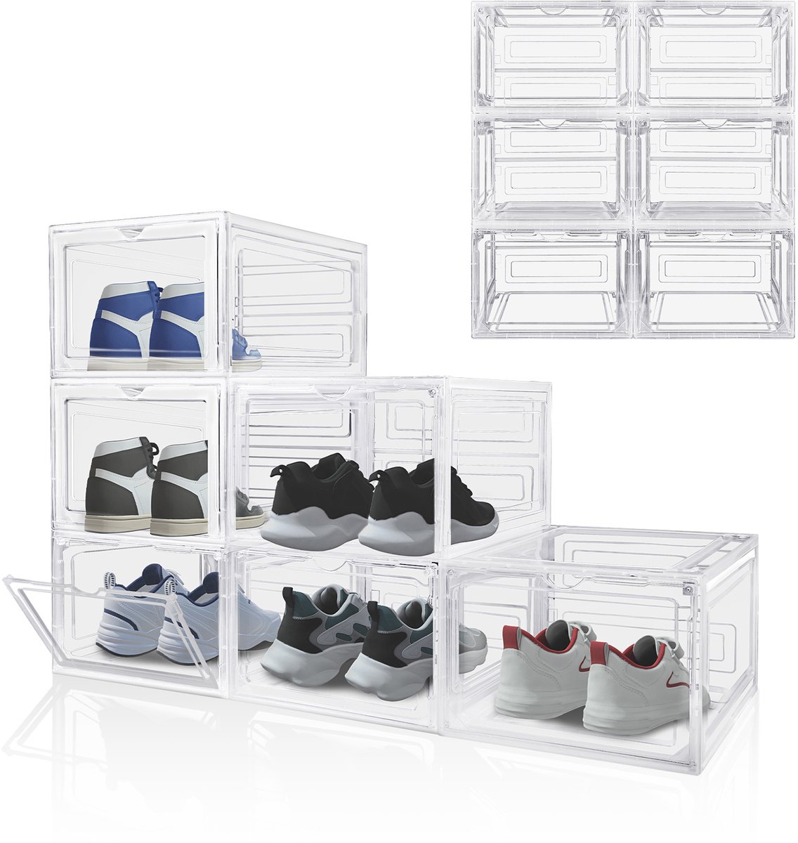 6 Stuks Transparante schoenendoos met magnetische voordeur, stapelbare plastic schoenenkast, 34x27x19cm schoenopberger voor sneakers, hakken, ruimtebesparende opbergbox voor hal en bureau