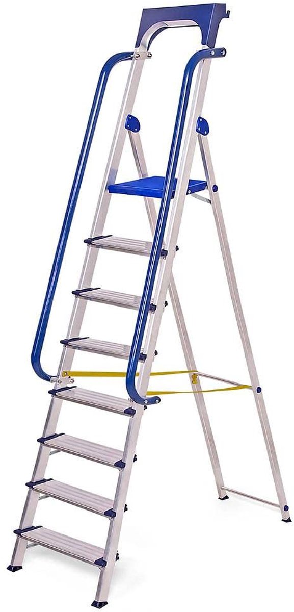 SnelShoppen - Trapladder 8 Treden Secure Pro, Versterkt Aluminium, Leuningen, Gereedschapshouder, Platformhoogte 182 cm, Belasting tot 150 kg, Voor Kl