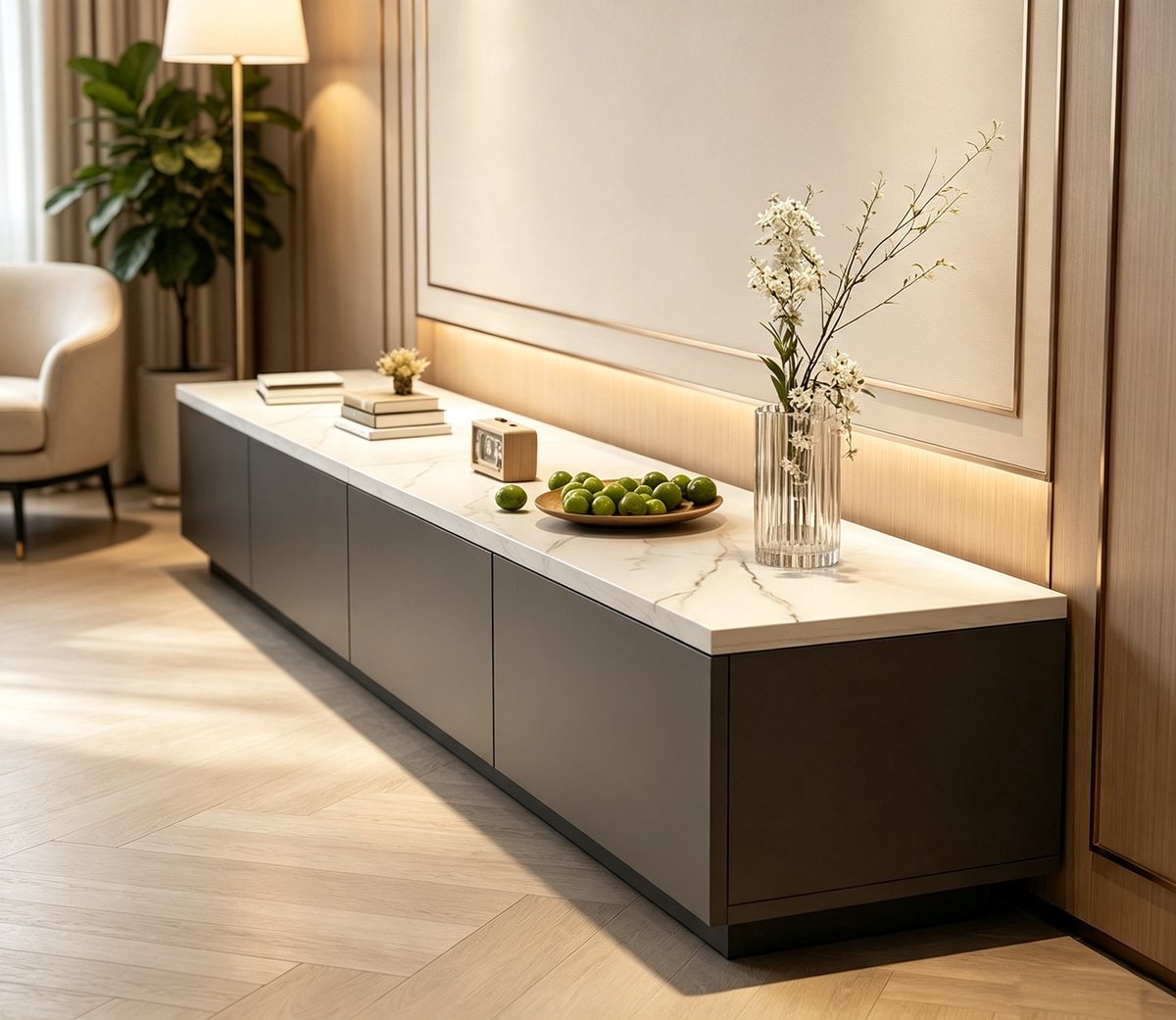 180 cm tv-meubel Grafietgrijs Vrijstaand entertainmentmeubel in middeleeuwse stijl Ruime opbergruimte voor apparatuur en accessoires Geschikt voor tv's van 75 inch en kleiner Woonkamer en slaapkamer 180*30*30 cm