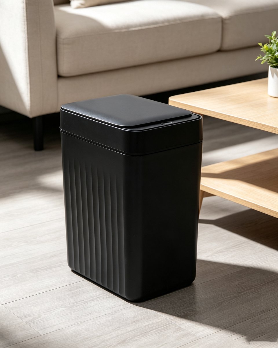 16-liter zwarte oplaadbare prullenbak met USB-aansluiting en sensor – Automatische contactloze prullenbak met sensor en een gestreept design geschikt voor keukens badkamers woonkamers en kantoren