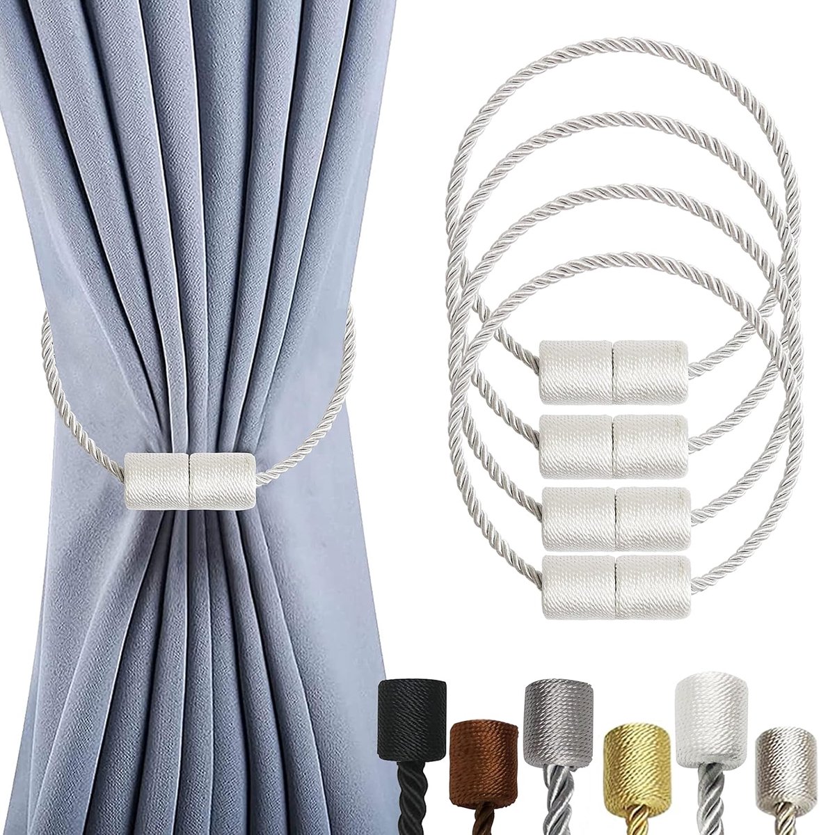 SnelShoppen - 4 Pack Magnetische Gordijn Kraaghouders met Dikkere Twist Touw en Sterke Magnetische Achterkant voor Gordijnen - Decoratief en Stevig