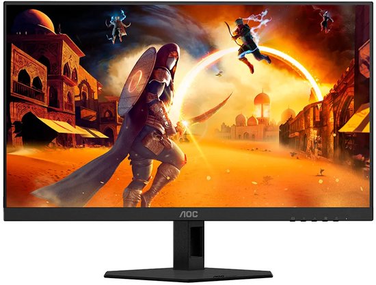 24-inch AOC gaming monitor met een game-afbeelding met krijgers in een fantasiewereld.