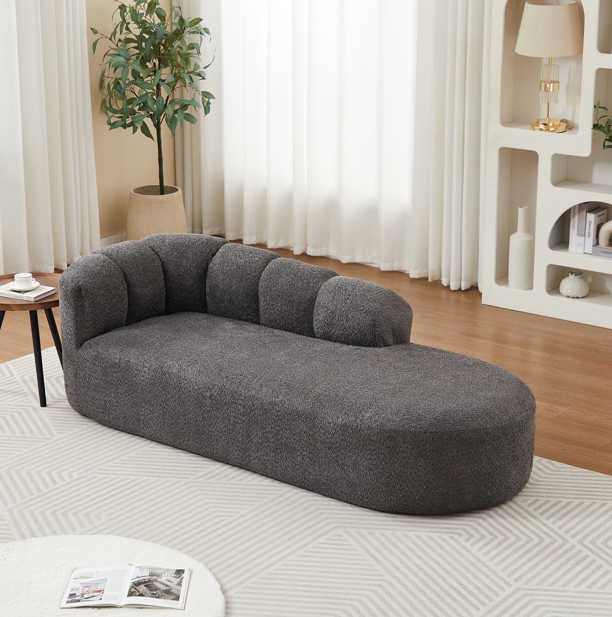 FloraGrace Chaise Longue – Compacte Relaxstoel Zonder Armleuningen Met Golvende Rugleuning – Zachte Chenille – Voor Woonkamer of Slaapkamer – Antracietgrijs