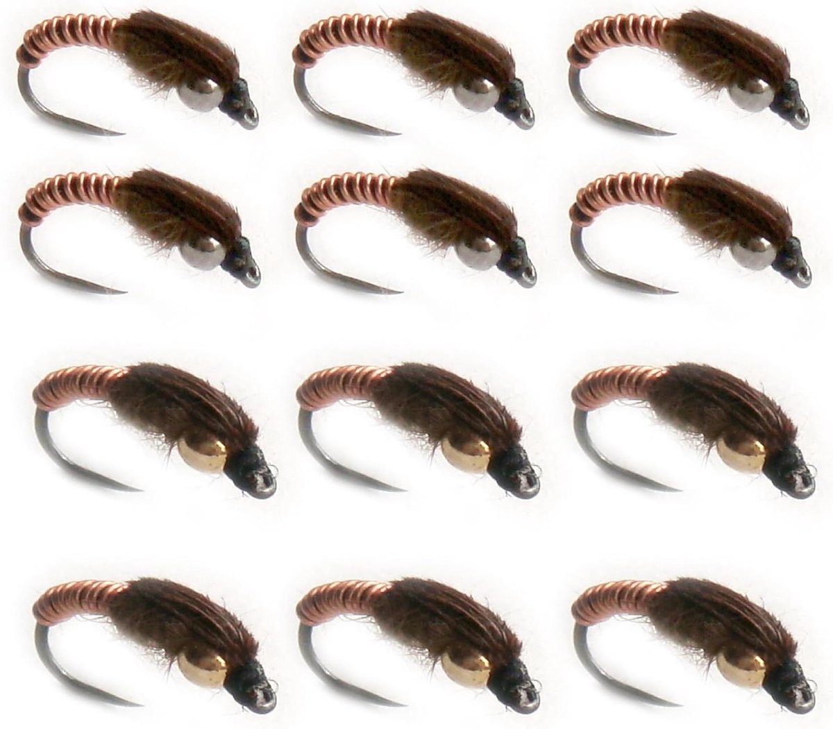 Vliegvissen Kunstaas - Natte Vliegen Set - Forel Vangen - Realistisch Nimf Profiel - 12 stuks - Koper Bruin