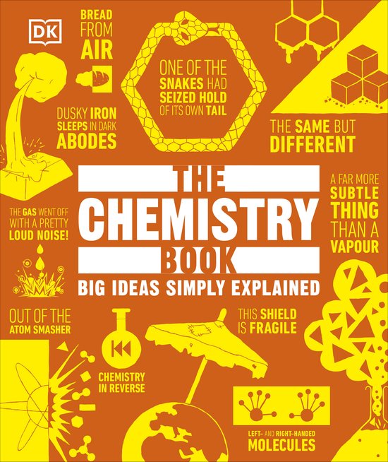De omslag van 'The Chemistry Book' met de titel en diverse chemische illustraties.