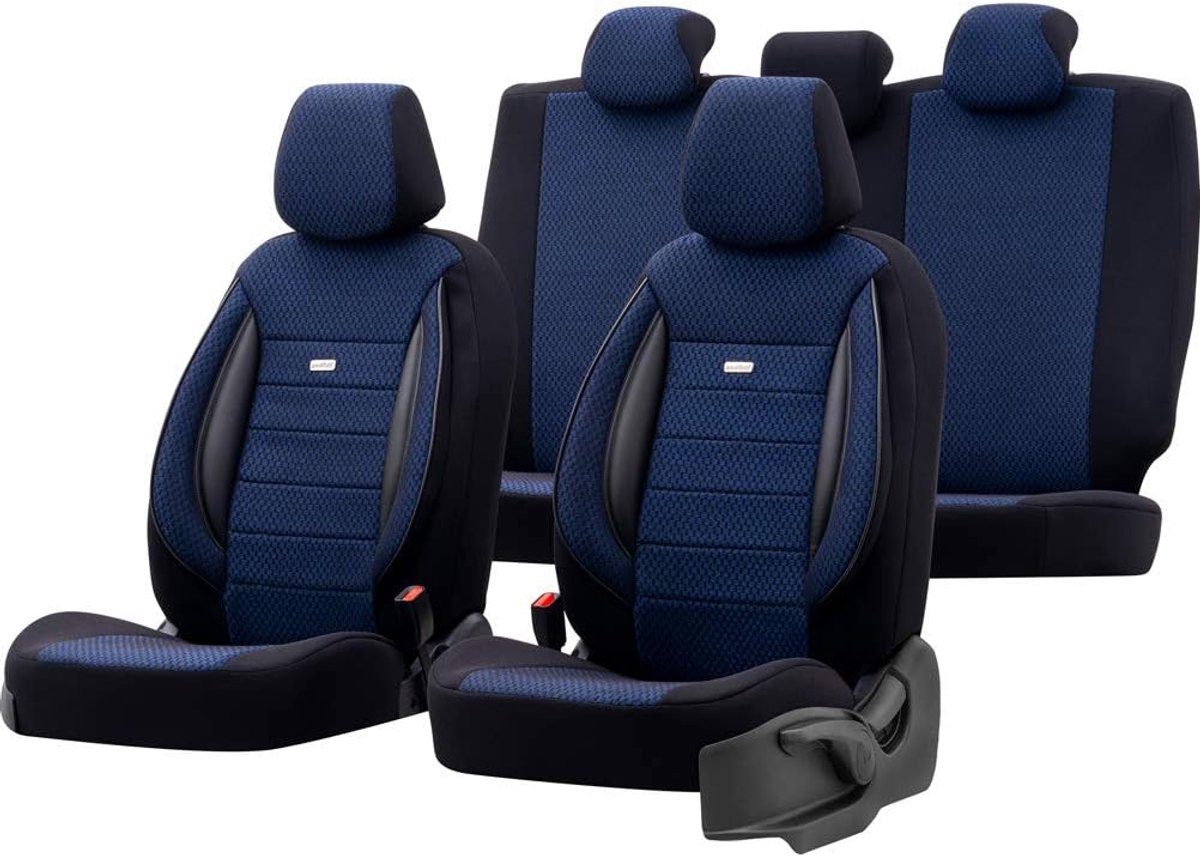 Universele stoffen stoelhoezenset 11-delig - zwart/blauw - geschikt voor side-airbags - bescherm uw interieur - SnelShoppen