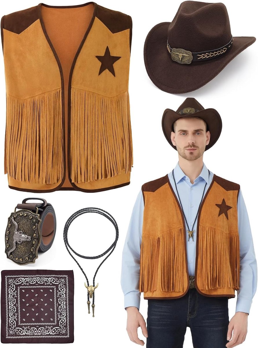 Cowboy Kostuum voor Mannen met Vest, Hoed, Stropdas, Buckle en Ketting voor Halloween en Cosplay