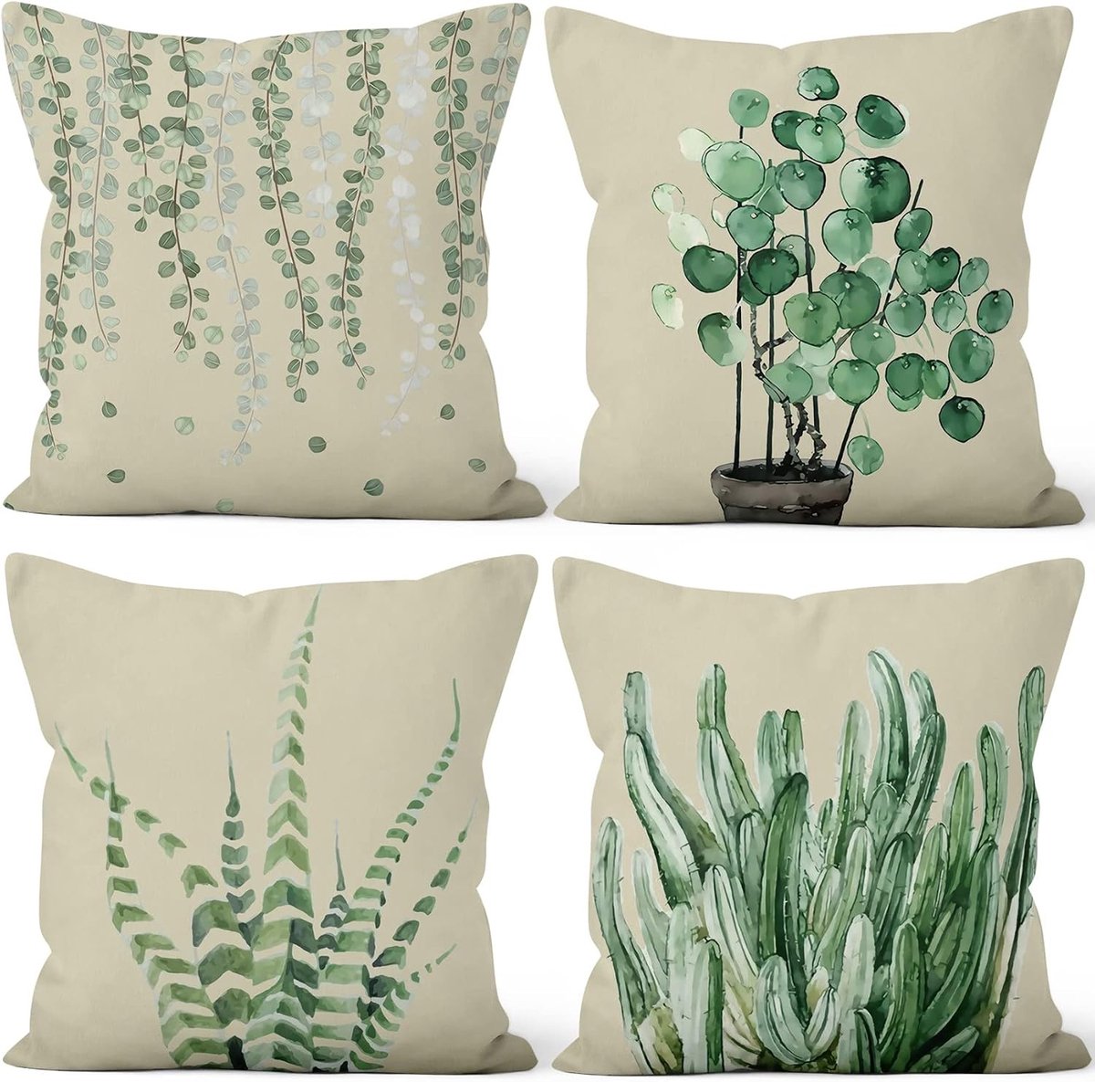 Set van 4 Kussenhoezen met Groene Plantenpatroon, Cactus Design, Zachte Pluche Kussens voor Sofa, Slaapkamer en Auto, 20"x20