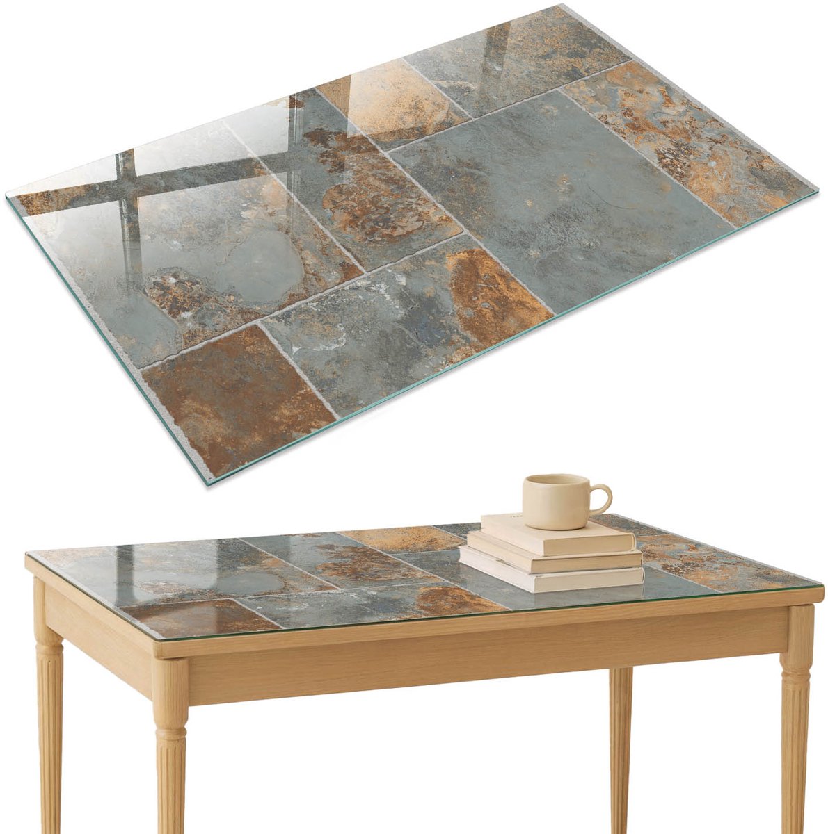 ArtPrintCave Rustieke tegels Glazen Tafelblad 120x80 cm - Tafelblad Rechthoek - Grijs Glasplaat - Texturen Terrastafel