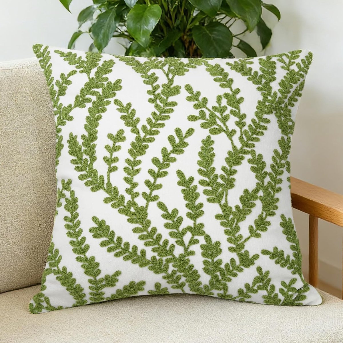 Decoratieve Kussenhoezen met Geborduurde Groene Bladeren 45x45 cm - Tropische Chenille Kussens voor een Zomerse Sfeer met Onzichtbare Rits