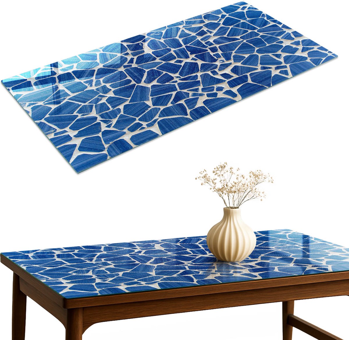 ArtPrintCave Blauw mozaïek Glazen Tafelblad 120x60 cm - Tafelblad Rechthoek - Blauw Glasplaat - Gestructureerd Eettafel Met Glasplaat