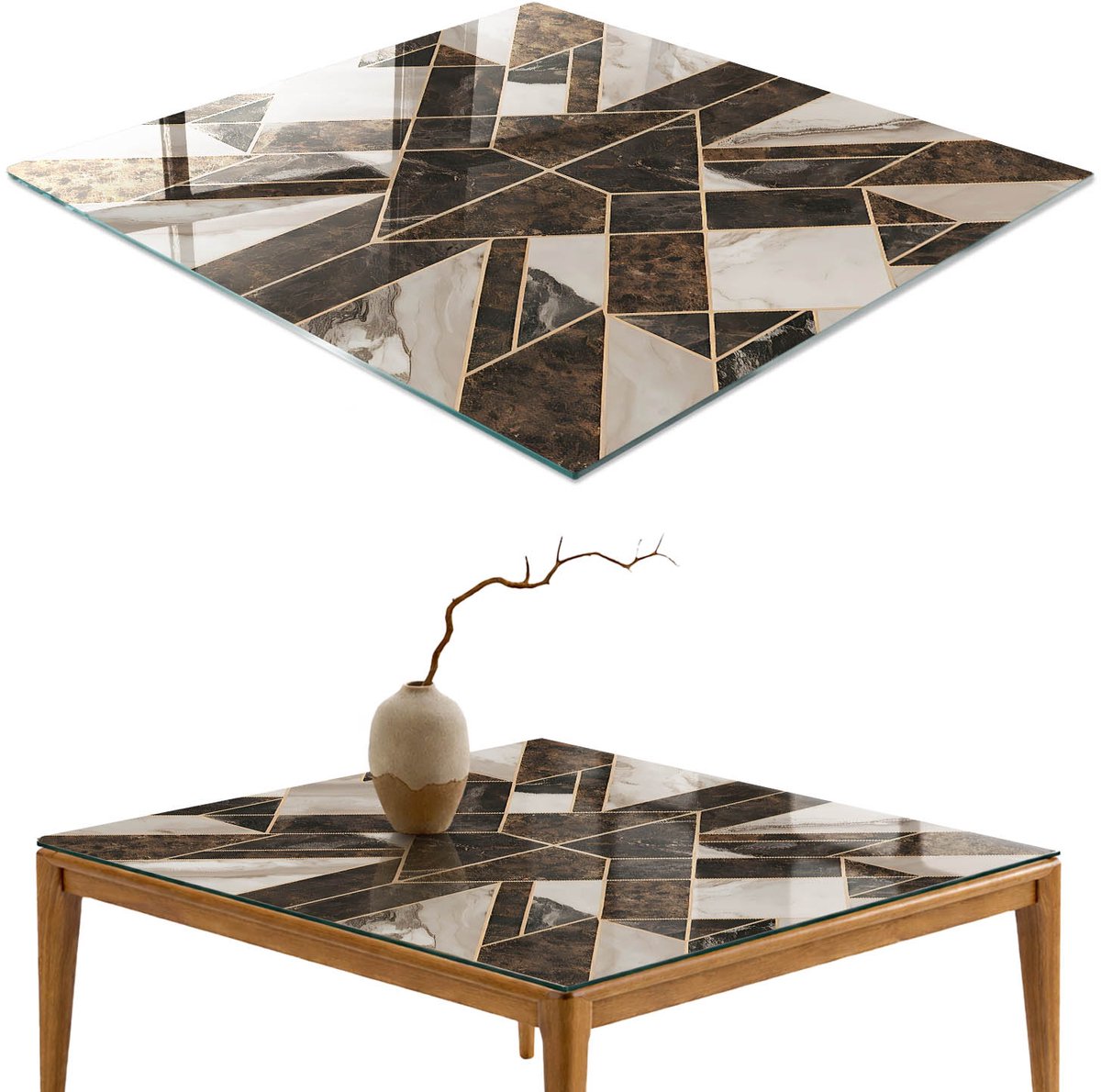 ArtPrintCave Stijlvol mozaïek Glazen Tafelblad - 50x50 cm - Tafelblad Vierkanten - Bruin Glazen Eettafel - Geometrie Bureaublad