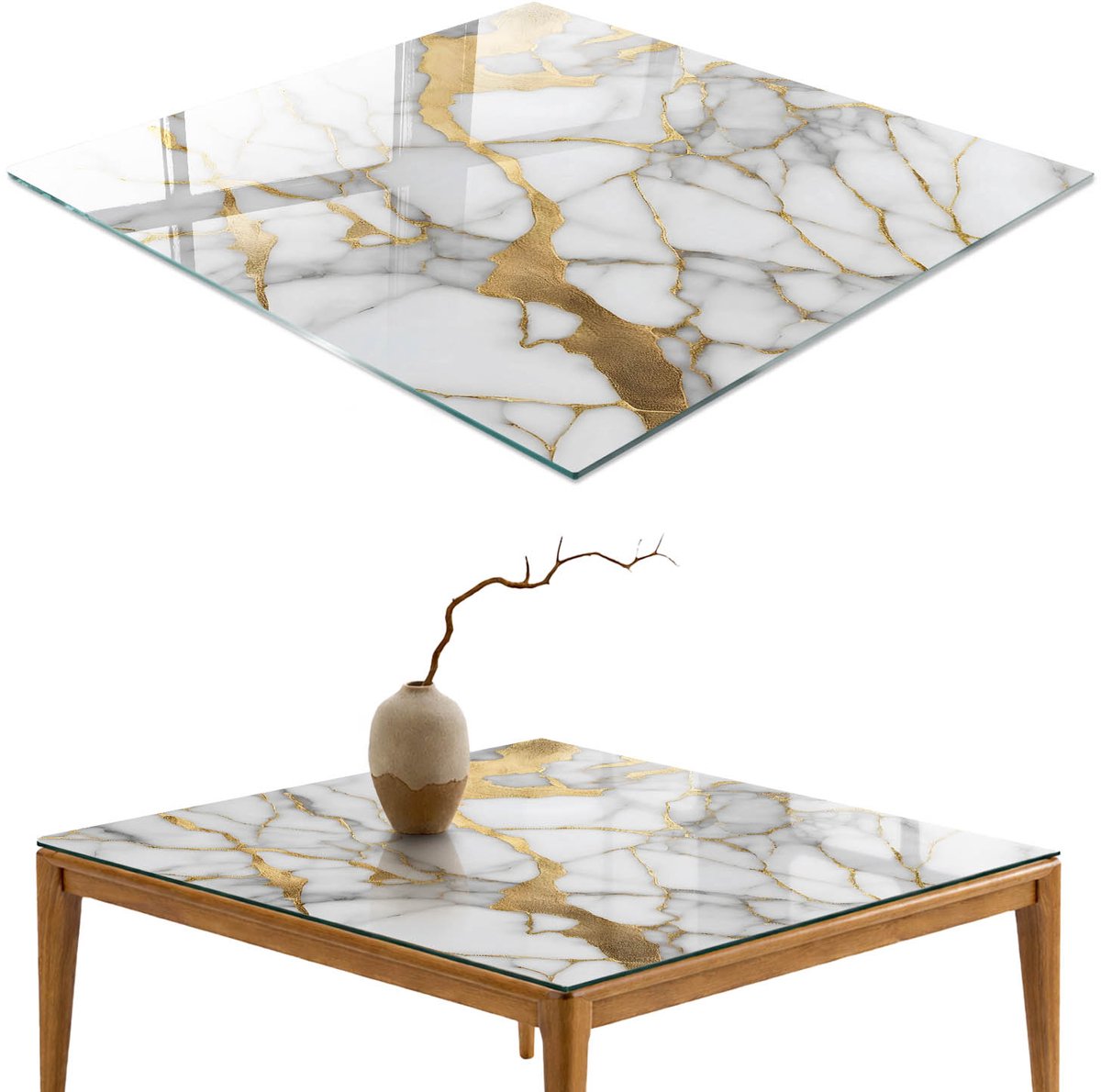 ArtPrintCave Luxe marmer Glazen Tafelblad - 50x50 cm - Tafelblad Vierkanten - Wit Glazen Eettafel - Texturen Glasplaat