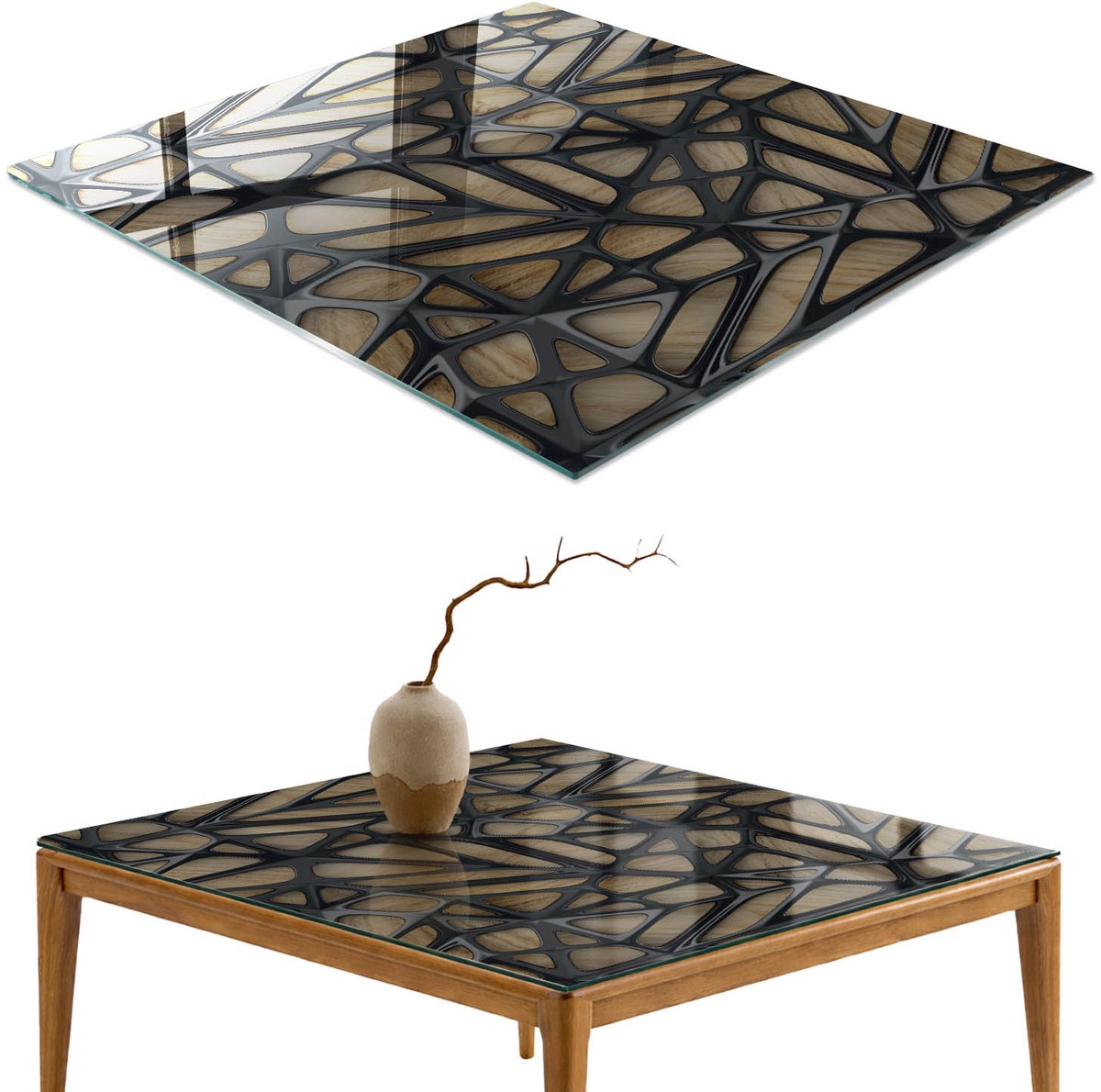ArtPrintCave Houten abstractie Glazen Tafelblad 60x60 cm - Tafelblad Rechthoek - Zwart Eettafel Met Glasplaat - Texturen Terrastafel