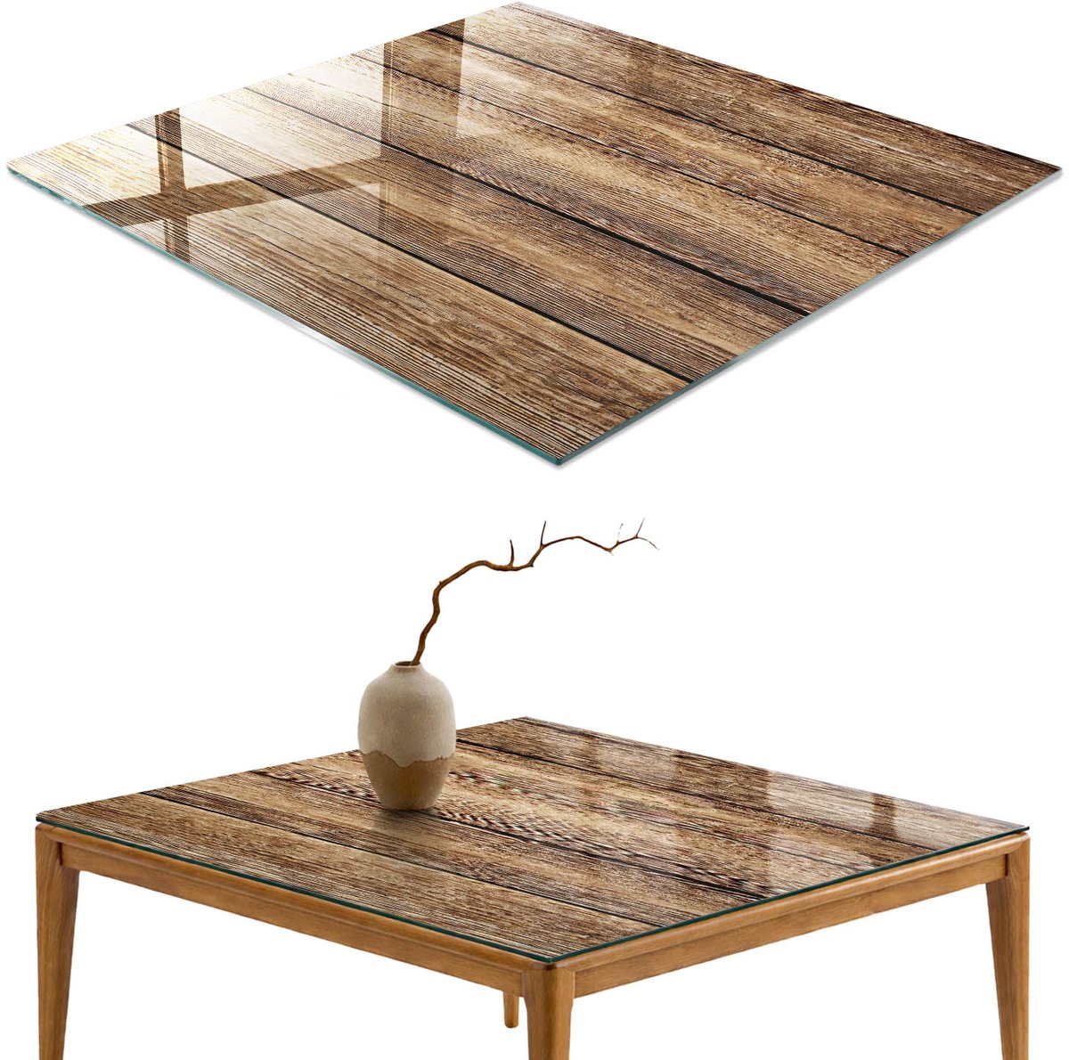ArtPrintCave Houten planken Glazen Tafelblad 60x60 cm - Tafelblad Rechthoek - Bruin Glazen Eettafel - Texturen Terrastafel