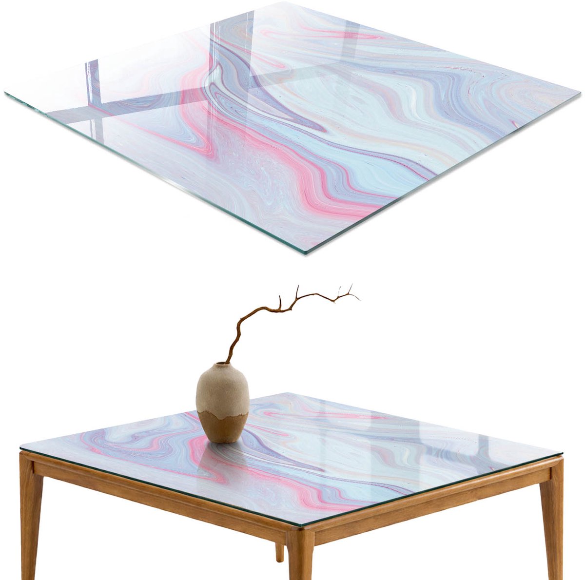 ArtPrintCave Pastelkleurige golven Glazen Tafelblad 60x60 cm - Tafelblad Rechthoek - Roze Keukentafel - Abstractie Keukentafel