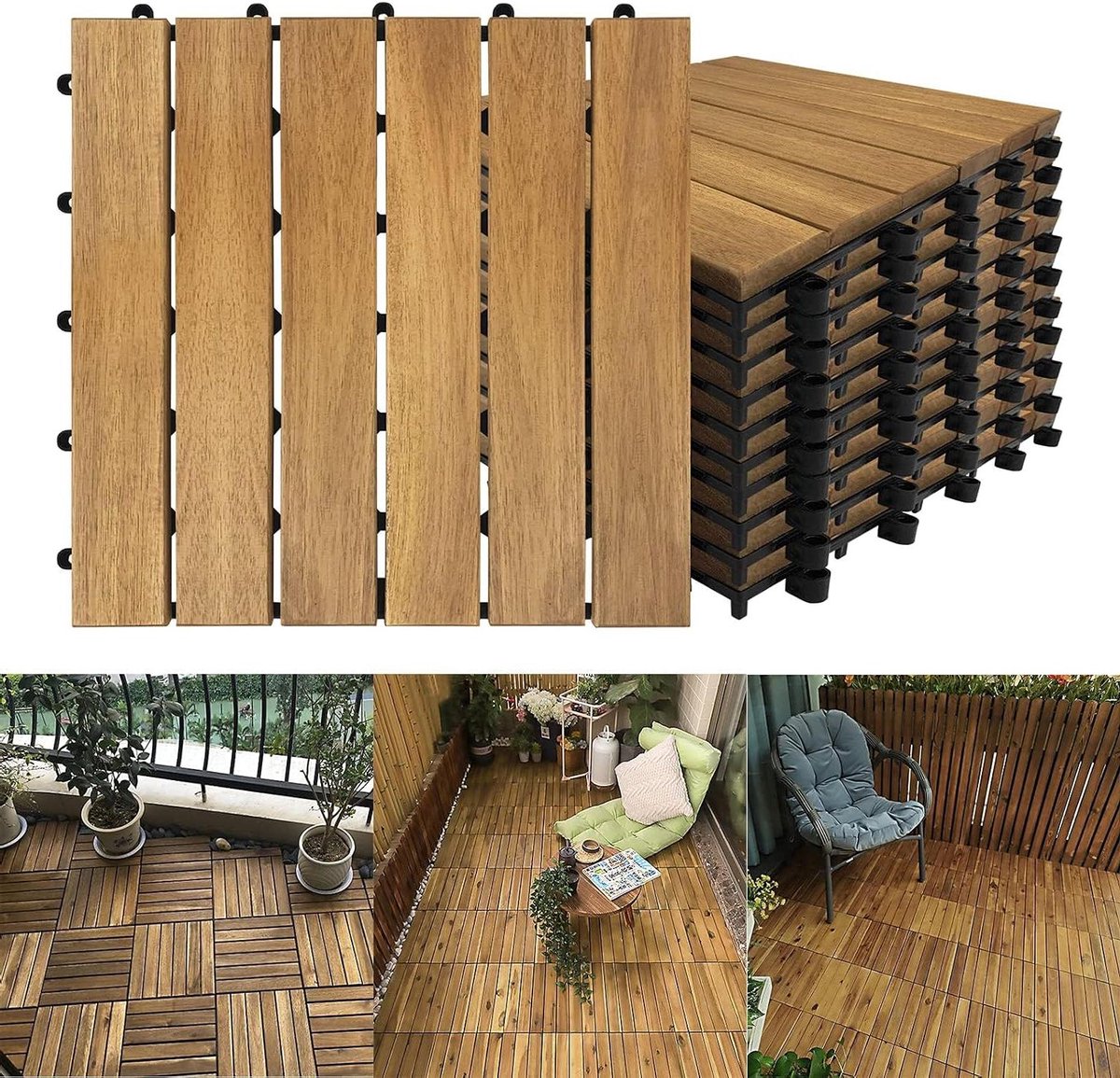 Houten Terrastegels - Balkonvloer Hout - Terras Aanleggen - Acaciahout Met Drainage - 30 x 30 cm - Bruin