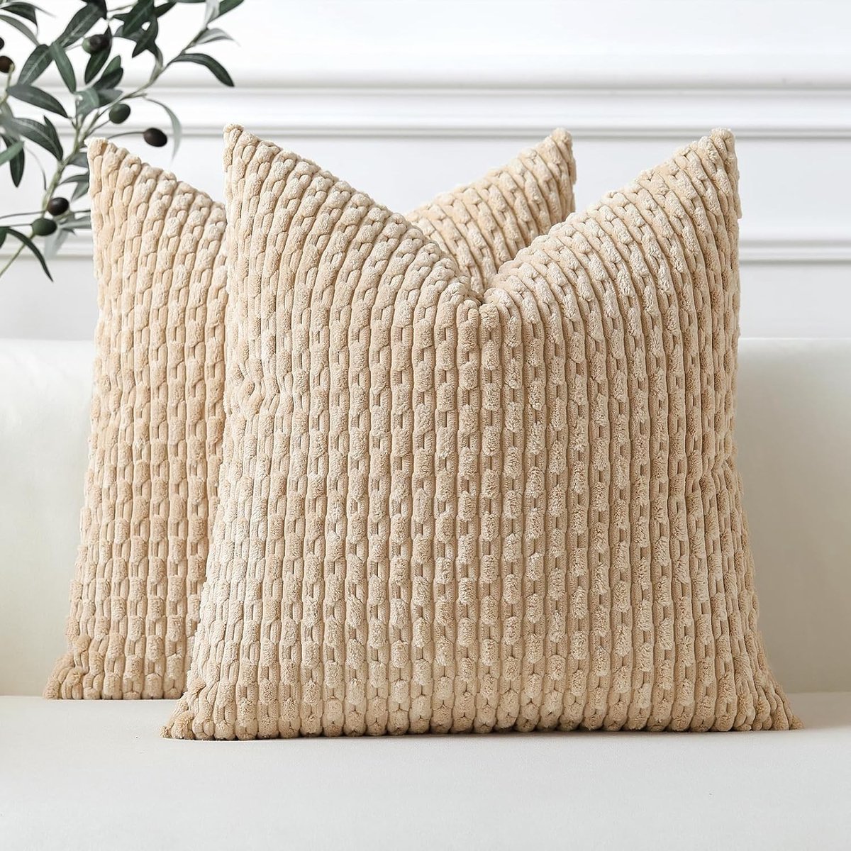 Set van 2 Lichtbruine Zachte Corduroy Decoratieve Kussenhoezen met Boho Strepen voor Sofa en Woonkamer - 40x40cm Kussenhoezen voor Landelijke Interieurdecoratie