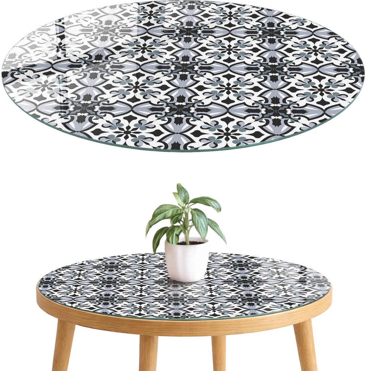 ArtPrintCave Klassiek patroon Glazen Tafelblad fi70 cm - Tafelblad Rond - Zwart Keukentafel - Achtergronden en patronen Glazen Eettafel