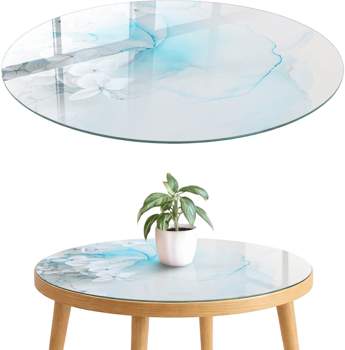ArtPrintCave Abstracte bloemen Glazen Tafelblad fi70 cm - Tafelblad Rond - Blauw Glazen Eettafel - Abstractie Terrastafel
