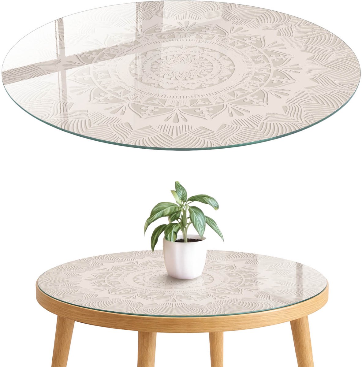 ArtPrintCave Beige mandala Glazen Tafelblad fi70 cm - Tafelblad Rond - Beige Glasplaat - Abstractie Tafelblad Glas