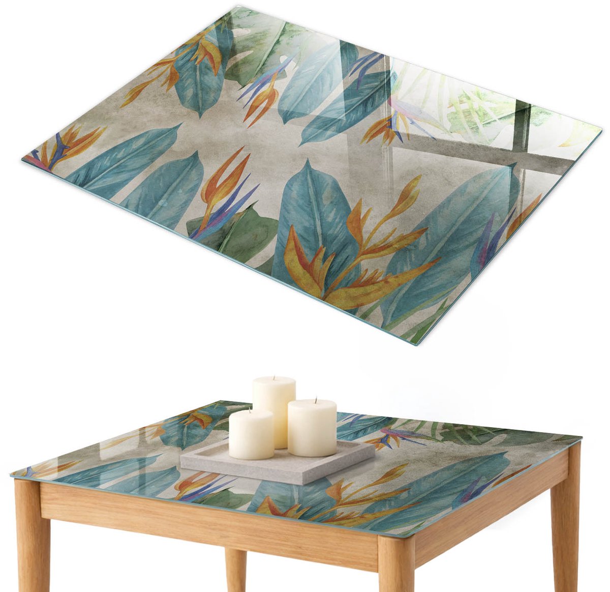 ArtPrintCave Tropische flora Glazen Tafelblad 100x70 cm - Tafelblad Rechthoek - Blauw Terrastafel - Bloemen en planten Bureaublad