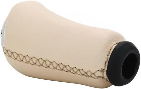 Beige pookknop met beige stiksels en zwarte afwerking aan de onderkant.