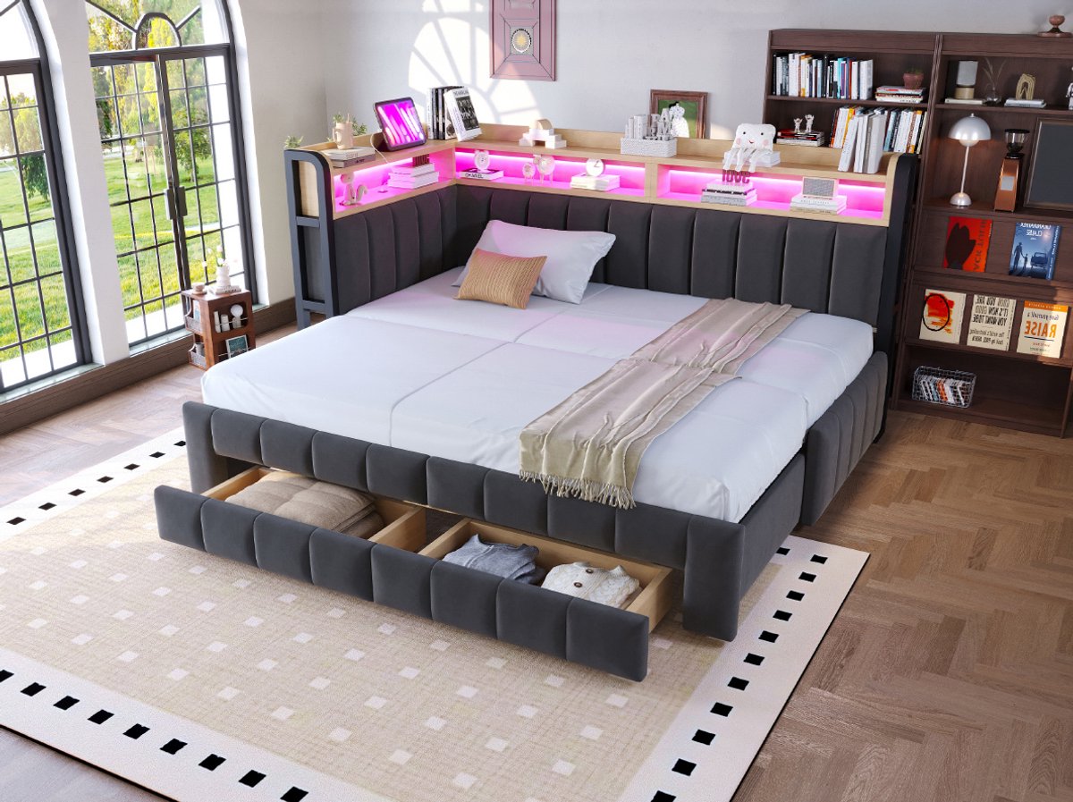 FloraGrace Slaapbank 90x200 Cm Zonder Matras - Bed Met Uitschuifbaar Deel, Opbergruimte En Ledverlichting - Fluweel - Donkergrijs