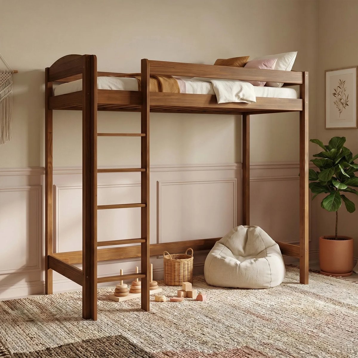 Need Sleep - Hoogslaper 80x190 - Loftbed 180 cm hoog - Met ladder en valbeveiliging - Massief houten - Houtkleur
