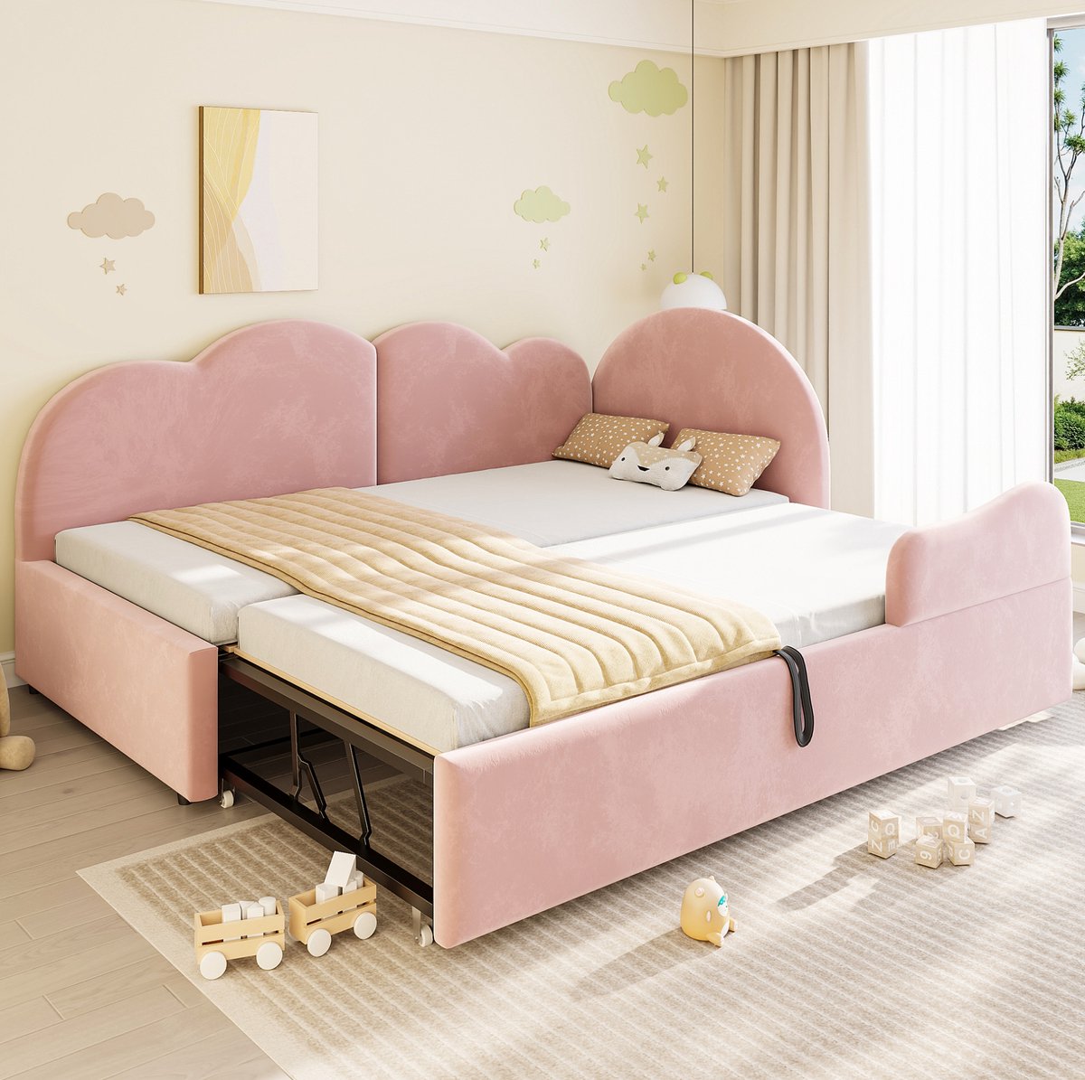 FloraGrace Bedbank 90 x 200 cm Zonder Matras - L Vorm Uitklapbaar Slaapbank Met Wolken Hoofdbord - Ruimtebesparend - Roze