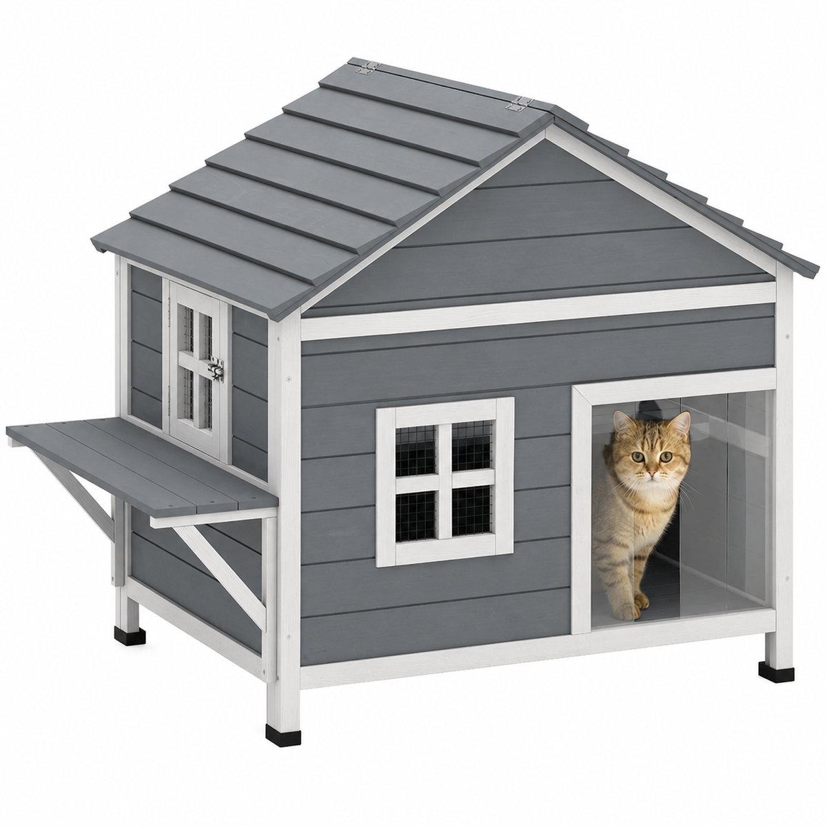 Kattenhuis - Voor buiten - Hok - Kooi - Bench - Ren - 1 verdiepingen - duurzaam - Wit / Grijs