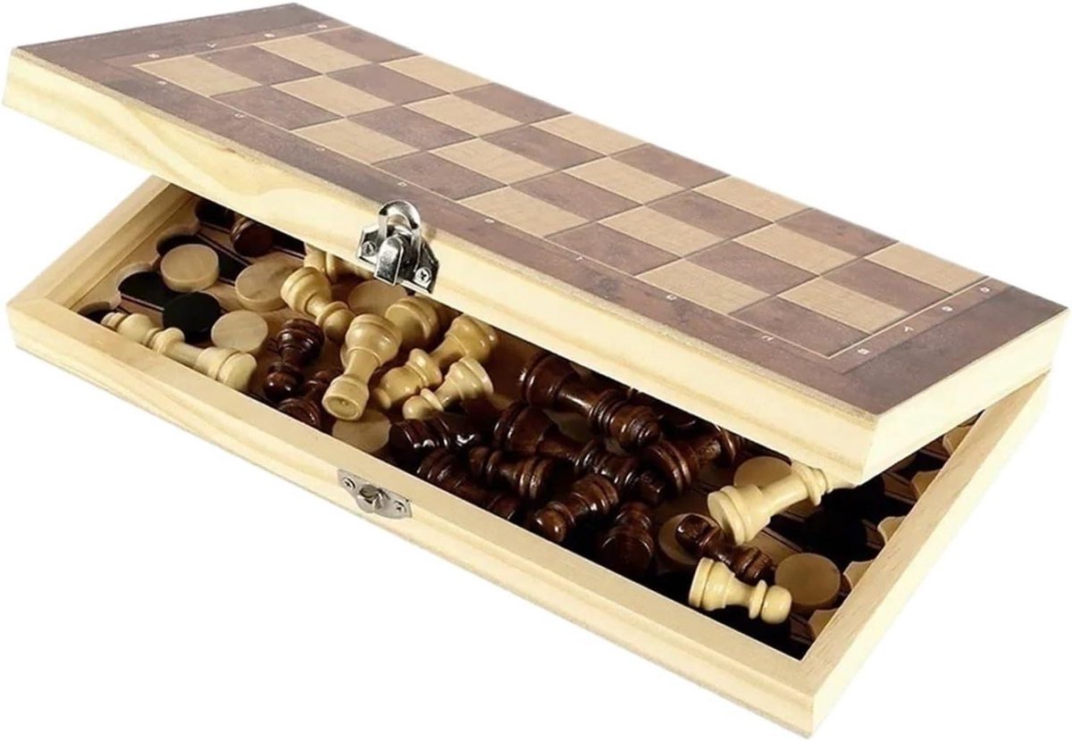 Houten Schaakbord - Damspel Bord - Strategisch Spel - Opvouwbaar Ontwerp - 24 x 24 cm - Multicolor