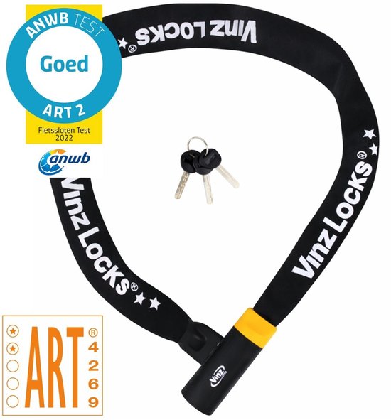 Zwart Vinz Locks kettingslot met ART 2 keurmerk en drie sleutels. Gekeurd met 'Goed' door de ANWB.