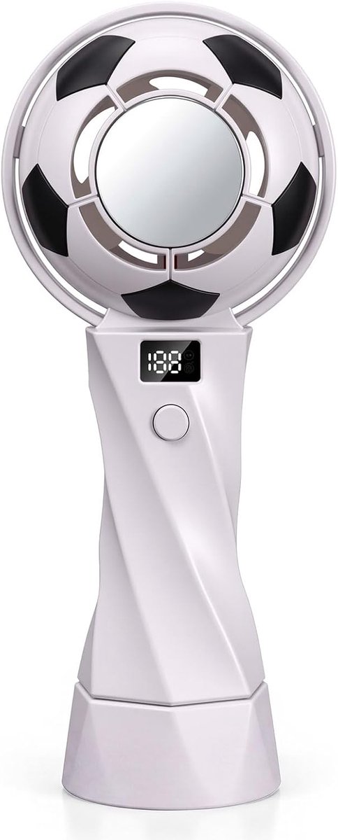 Cadeaus voor voetbalfeestjes: Handventilator in de vorm van een voetbaltrofee, oplaadbare 3000mAh elektrische draagbare ventilator met 5 snelheden en digitaal display voor zomerse wedstrijddagen en buitensporten (wit, 1 stuk)