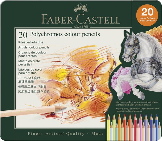 Verpakking met 20 Faber-Castell Polychromos kleurpotloden, met paarden en een paard