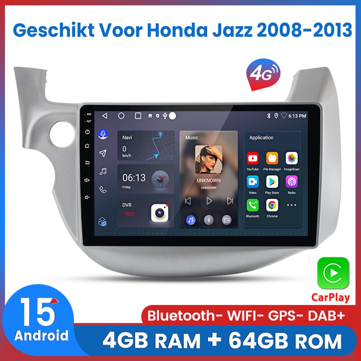 Awesafe 8-Core V1PRO 4+64GB Autoradio - Geschikt Voor Honda Jazz 2008 t/m 2013 - Draadloze Carplay Android Auto - Touchscreen - GPS Navigatie 4G WiFi - Bluetooth Radio - 2008 2009 2010 2011 2012 2013