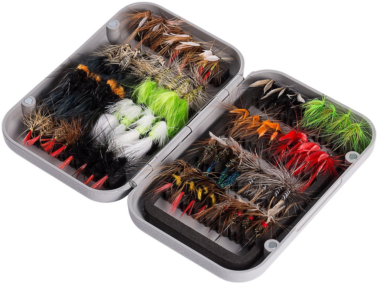 Vliegvis Set - 64 Delig - Complete Kunstvliegen Set met Droge Vliegen, Natte Vliegen, Nimfen en Streamers - Inclusief Magnetische Vliegendoos - Voor Forelvissen en Vliegvissen in Rivieren en Beken
