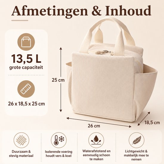 Bobypet - Geïsoleerde Koeltas Dames Beige - Stijlvolle Ribfluweel Lunchtas 13.5 Liter met Katoenen Handvatten - Grote Lekvrije Thermotas voor Werk, Kantoor, Picknick en Reizen — afbeelding 2
