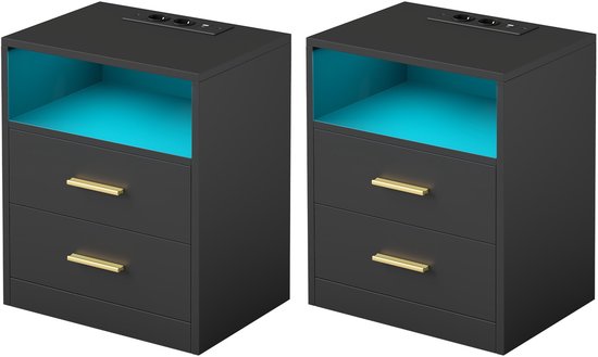 VASAGLE - Nachtkastje - Set van 2 - Met Stopcontact en USB-poorten - LED Verlichting - Lade en Open Vak